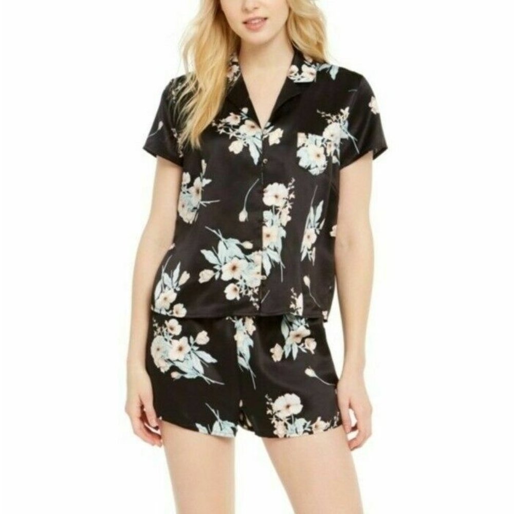NWT! INC International Concepts Women's Sz L Black Floral Satin Short Pajama Set